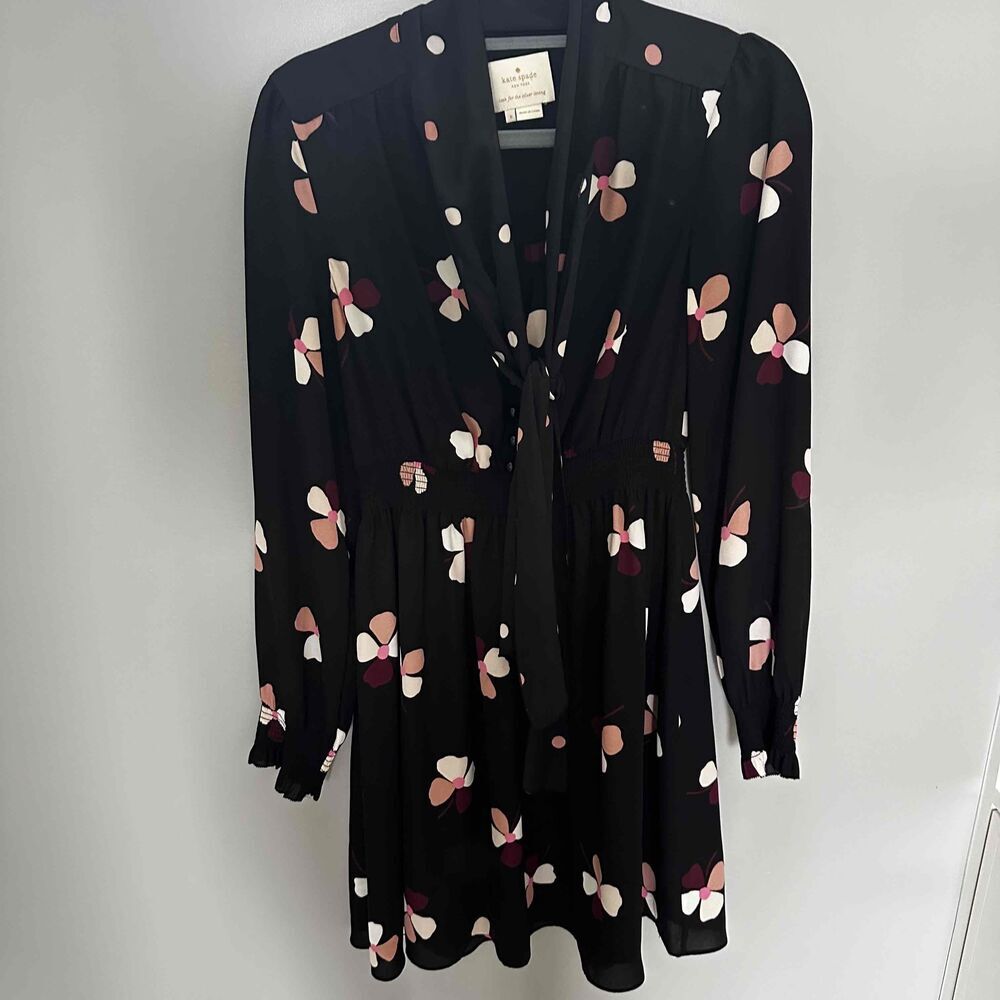 Kate Spade Womens Wrap Dress Size Small Black Long Sleeve Floral V-Neck